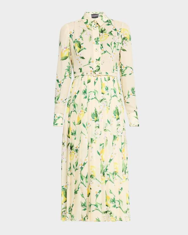 Lemon-Print Long-Sleeve Pleated Midi Shirtdress With Belt Product Image