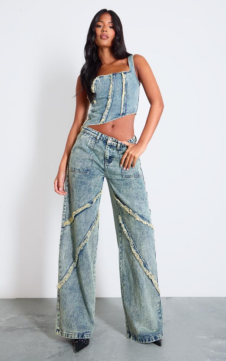 Tall Vintage Wash Raw Seam Detail Asymmetric Denim Corset Product Image