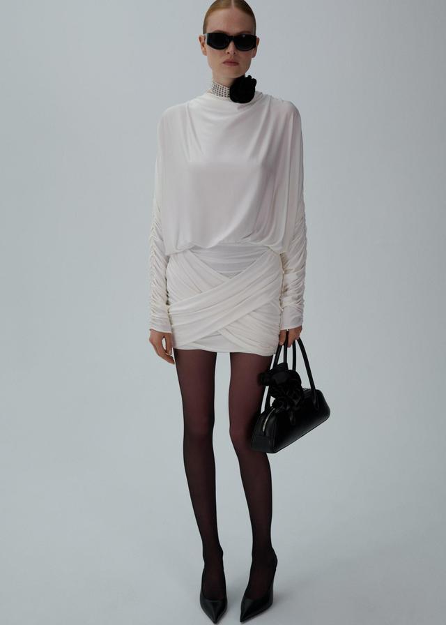 Long-sleeve jersey mini dress in cream Product Image