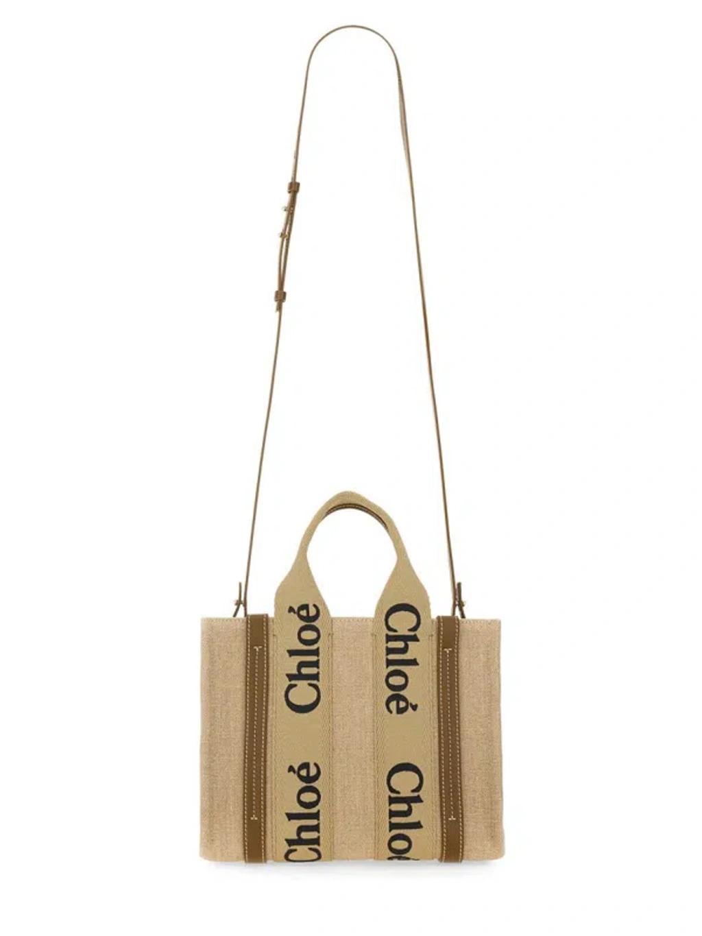 Multicolor Linen Small Woody Shopping Bag In Beige Product Image