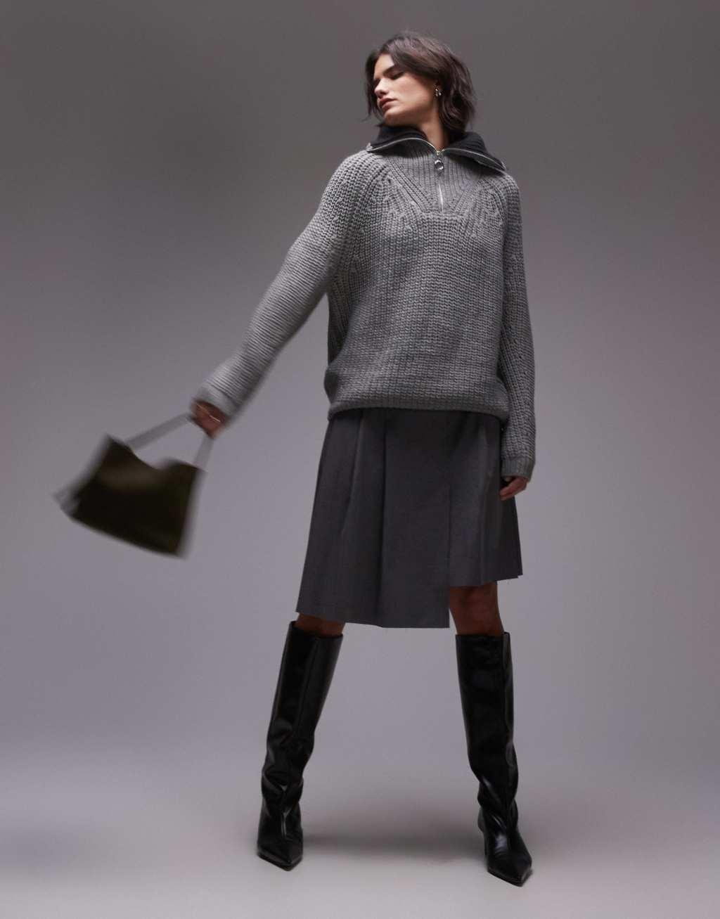 Topshop knitted quarter zip collar sweater in gray Product Image