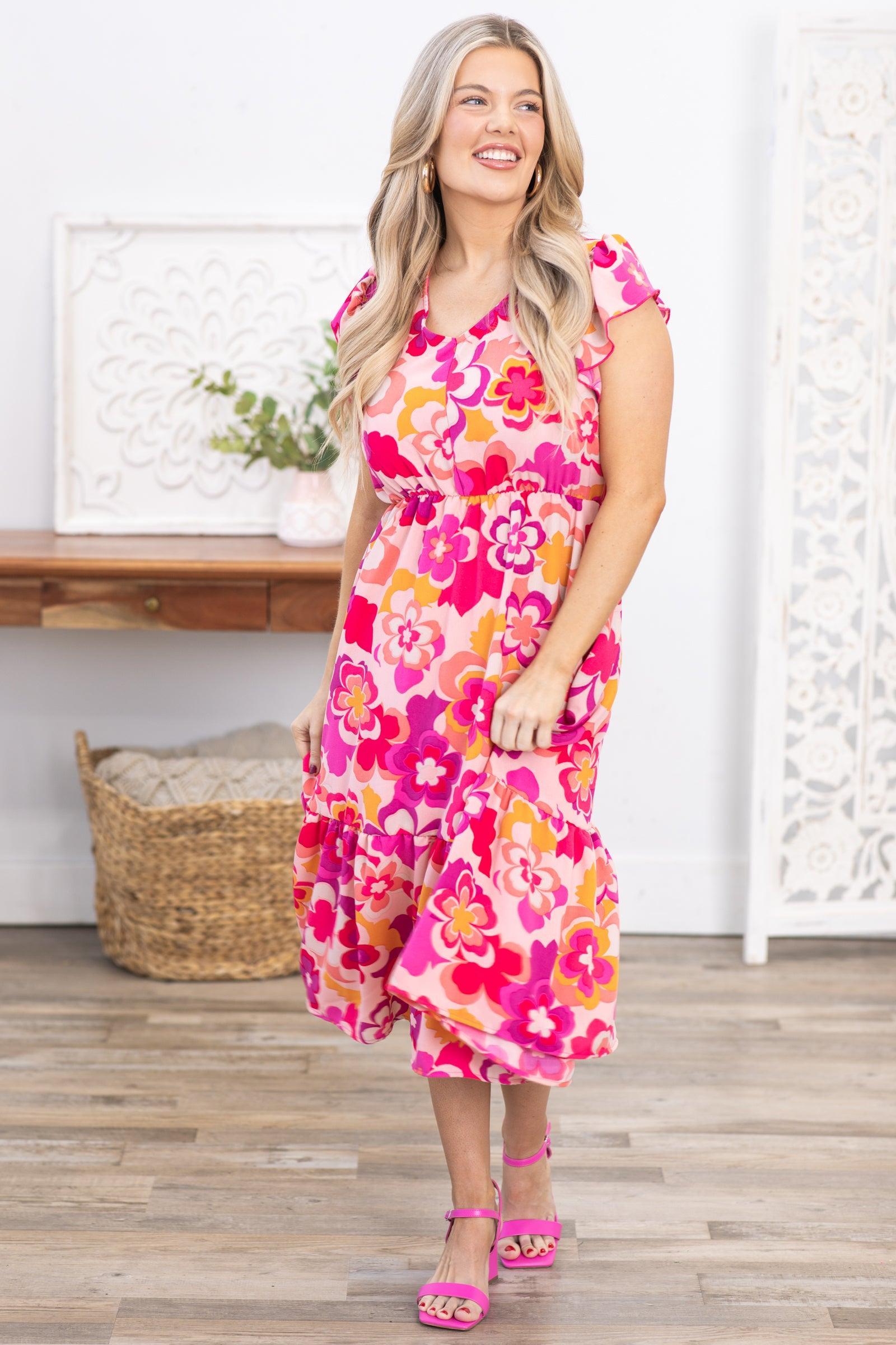 Fuchsia Floral Print Midi Dress Product Image