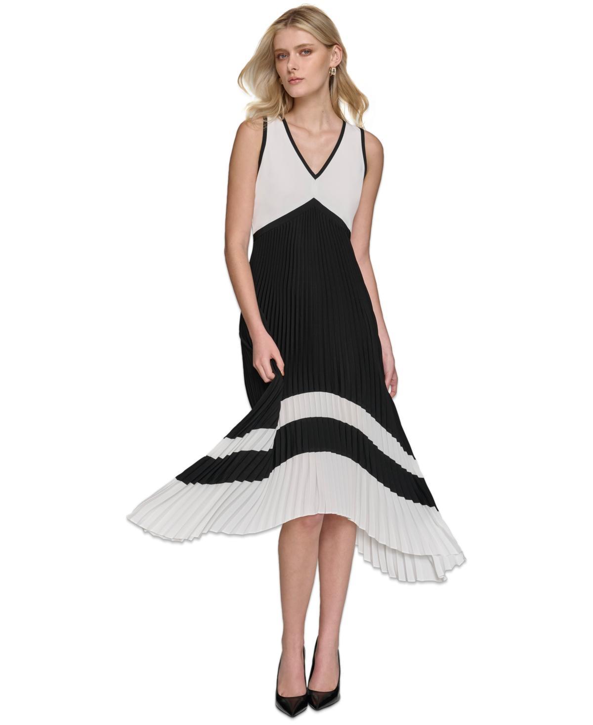 Karl Lagerfeld Paris Womens Pleated Colorblocked A-Line Dress Product Image