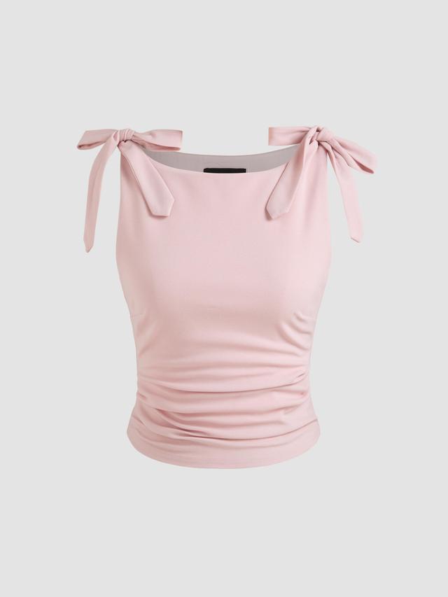 Jersey Scoop Neckline Solid Bowknot Ruched Crop Tank Top Product Image