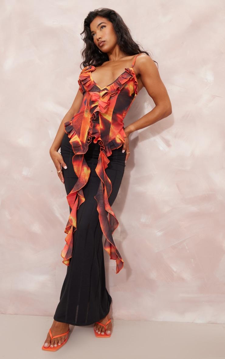 Orange Tie Dye Print Chiffon Floral Applicate Frill Long Top Product Image