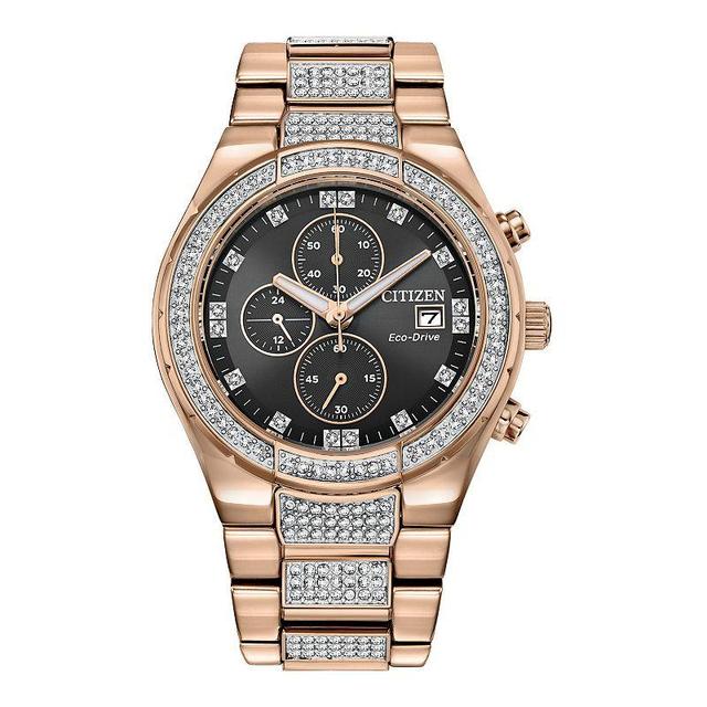 Men's Citizen Eco-DriveÂ® Crystal Accent Rose-Tone Chronograph Watch with Black Dial (Model: Ca0753-55E) Product Image