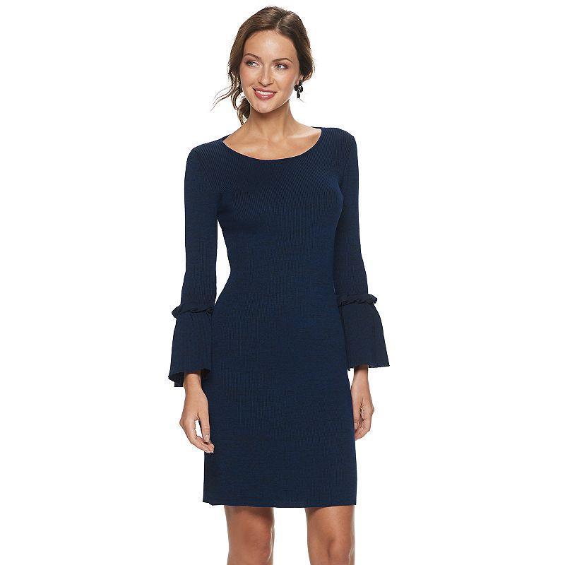 Womens Nina Leonard Bell Sleeve Ribbed Sweater Dress Blue Product Image