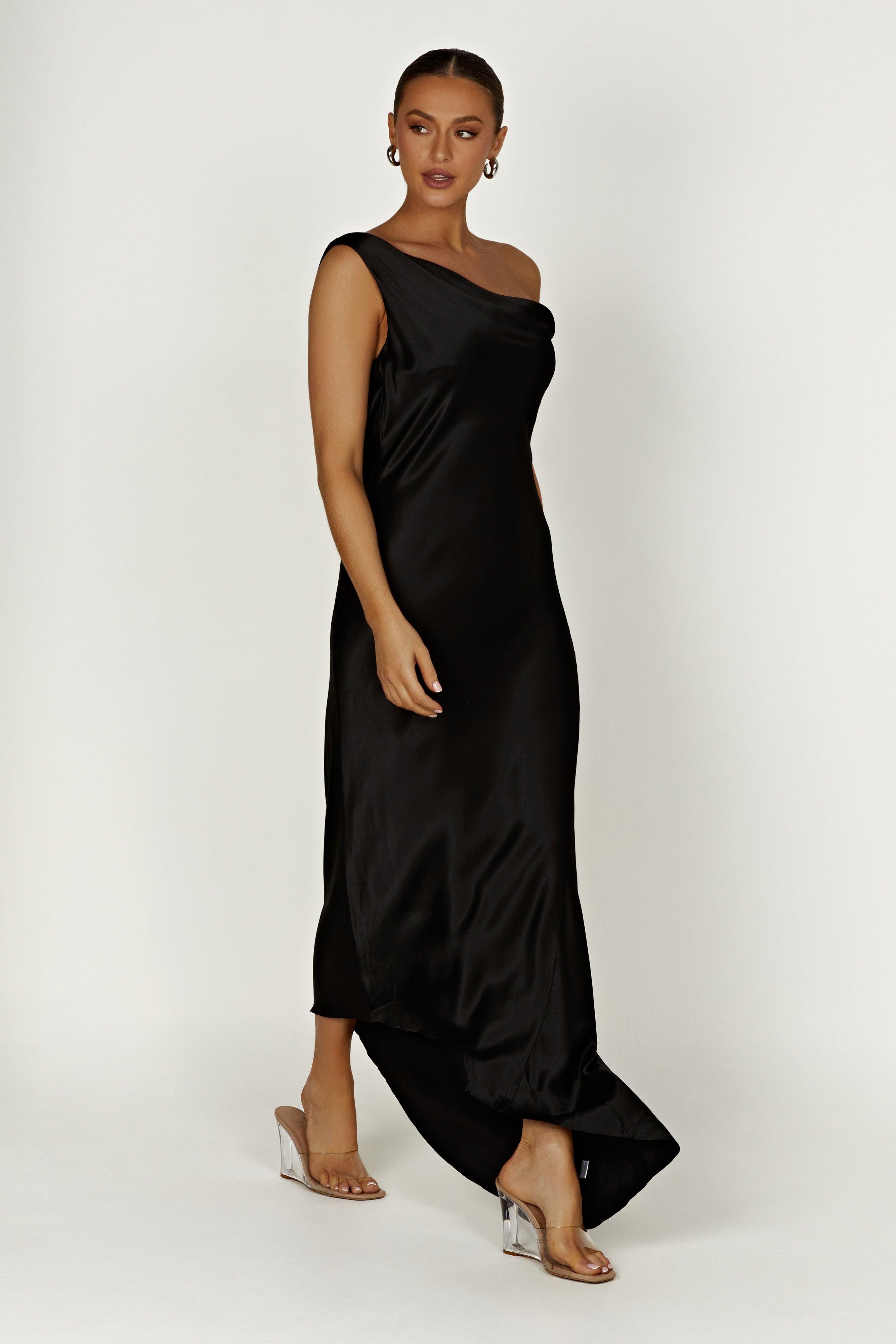 Yvette Slip Maxi Dress With Asymmetrical Hem - Black Product Image