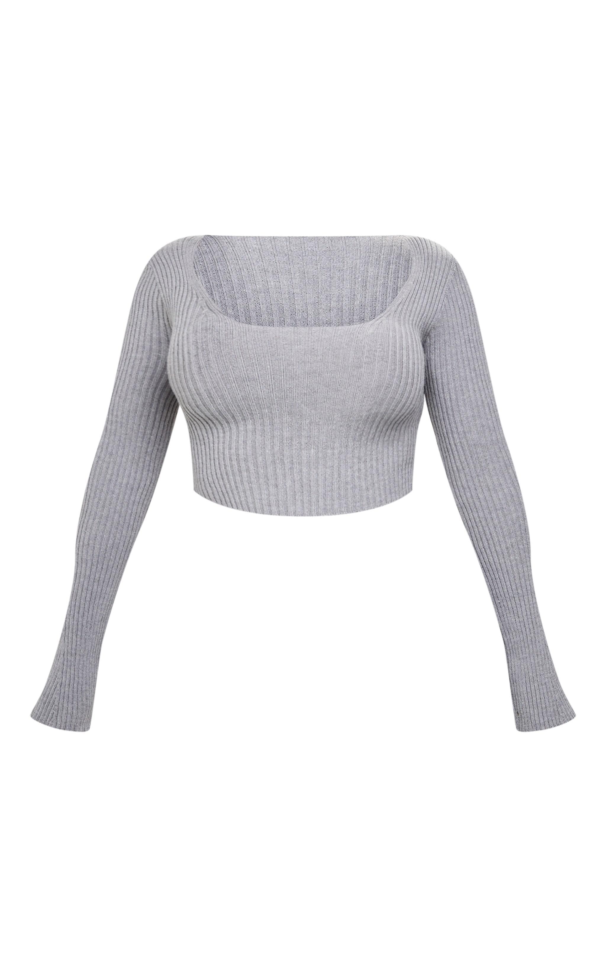 Shape Grey Knit Ribbed Long Sleeve Plunge Crop Top Product Image