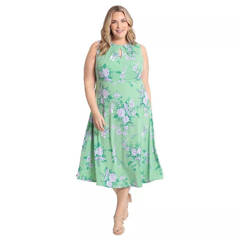 London Times Plus Size Floral-Print Keyhole Sleeveless A-Line Dress Product Image