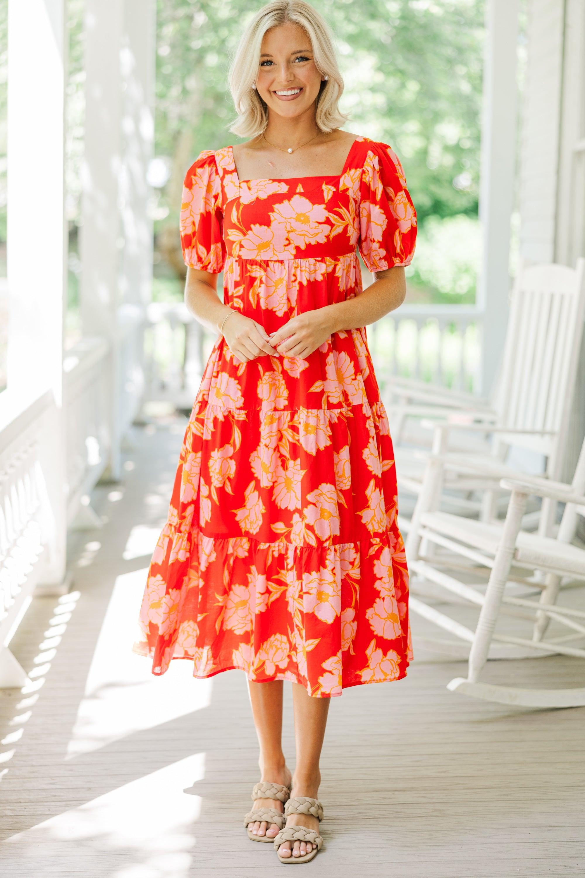 Think About It Red Floral Midi Dress Female Product Image