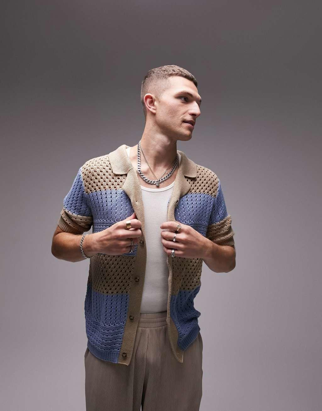 Topman crochet shirt in stone and blue Product Image