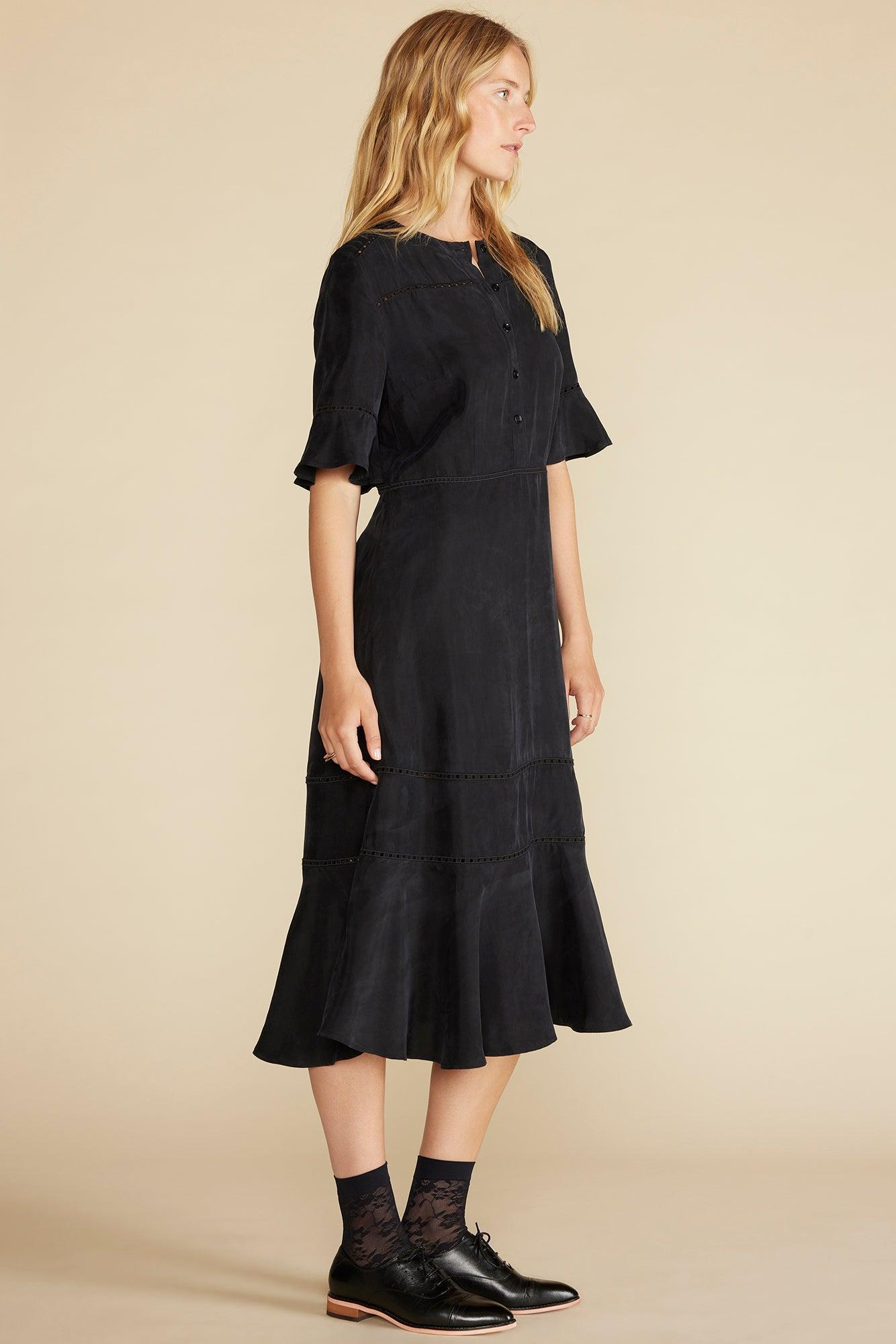 Adaline Embroidered Cupro Dress - Black Product Image