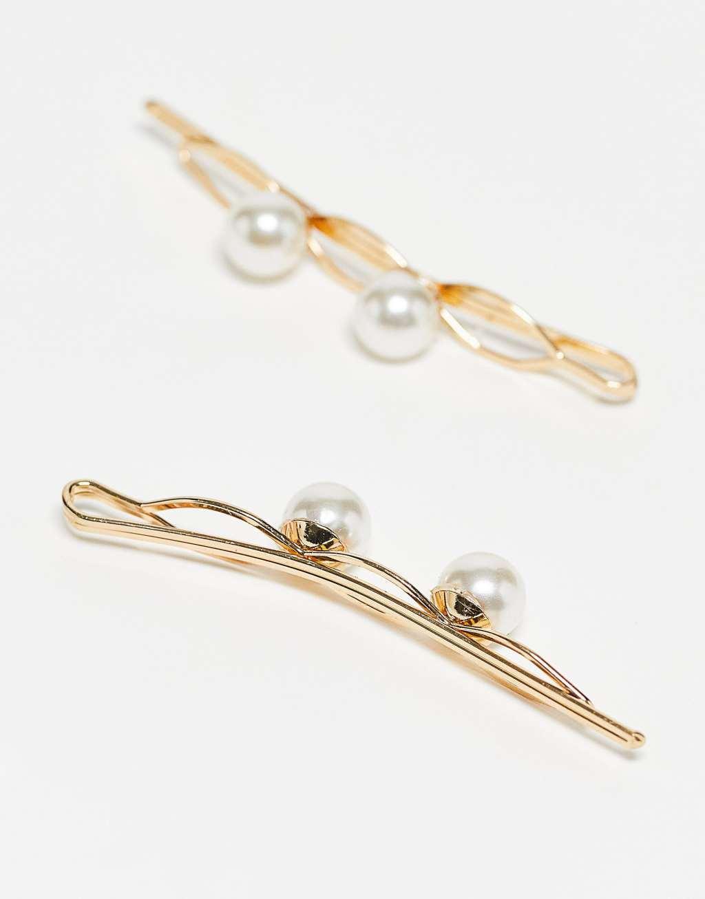 DesignB London pack of 2 pearl hair slides in gold  Product Image