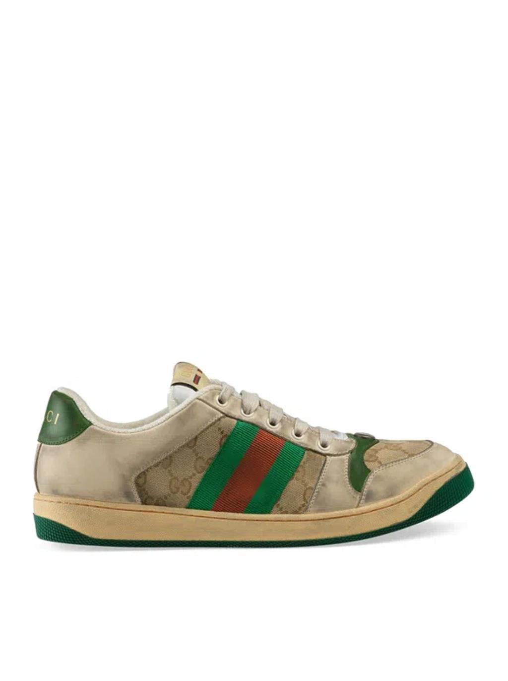 GUCCI Beige, Green, Orange Canvas And Leather Screener Sneakers In Multicolor Product Image