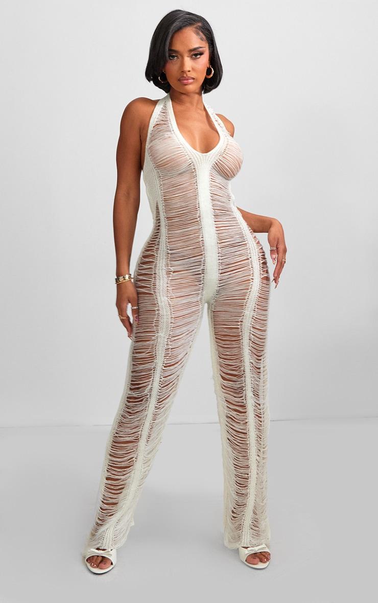 Shape White Knit Ladder Halterneck Jumpsuit Product Image