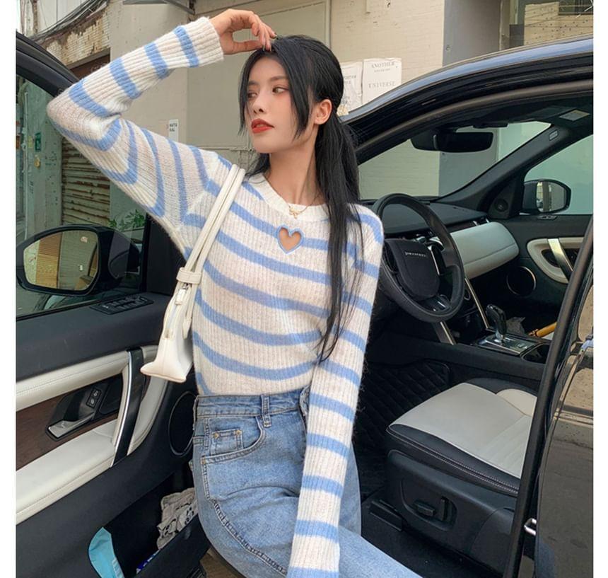 Crew Neck Striped Heart Cutout Sweater Product Image