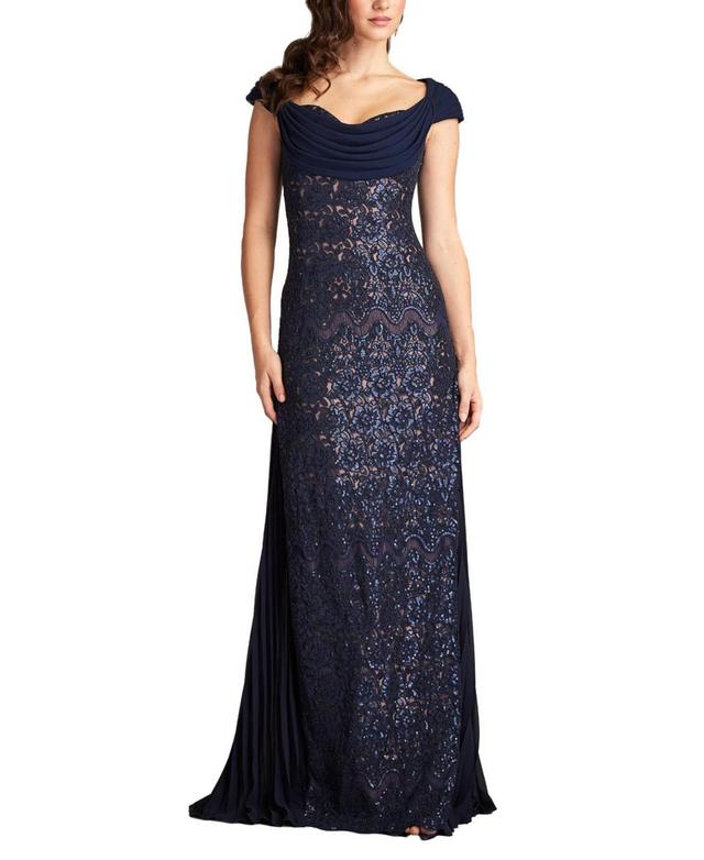 Womens Sequined Lace Draped A-Line Gown Product Image