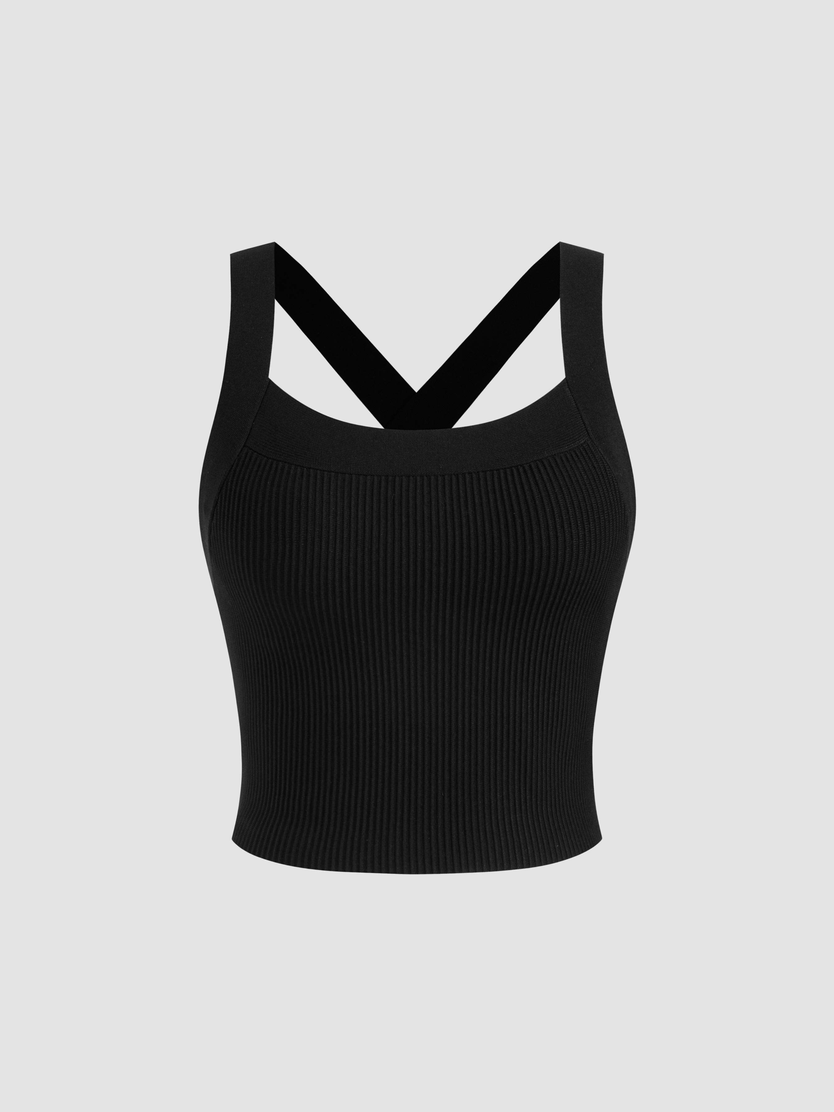 Knit Scoop Neckline Solid Rib Criss Cross Crop Tank Top product image