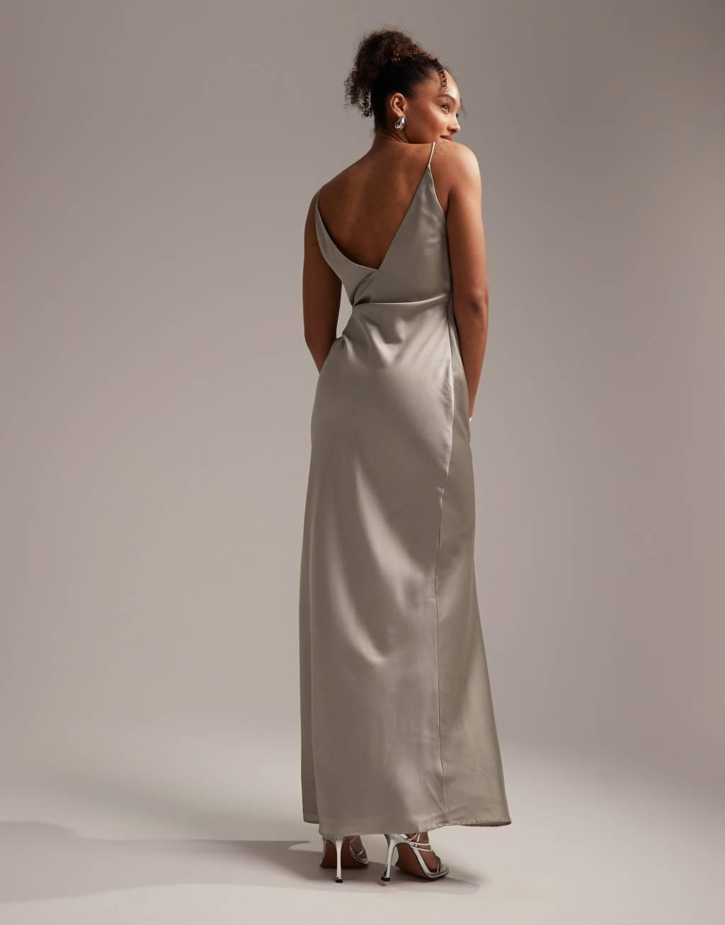 ASOS DESIGN Bridesmaid satin cami maxi dress with drape detail in sage green  Product Image