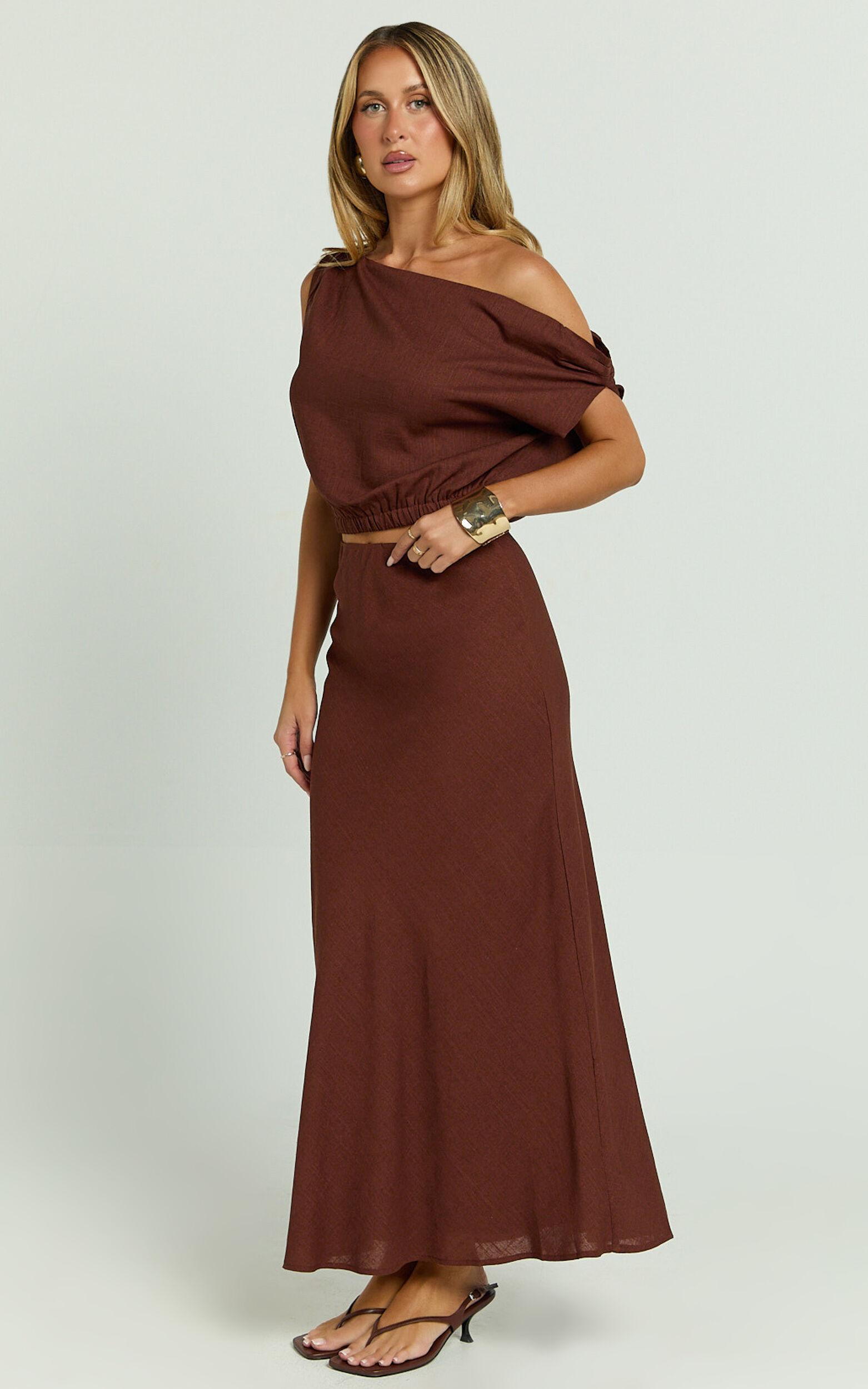 Collins Midi Skirt - Linen Look High Waisted Linen Look Bias Slip Skirt in Chocolate Product Image