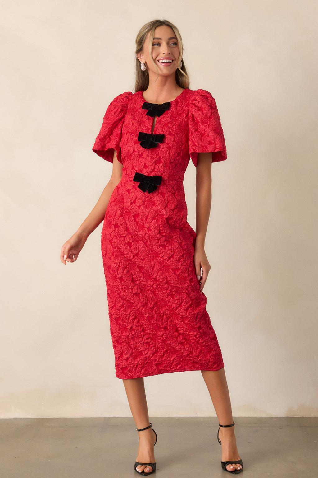 Simple Times Red Jacquard Midi Dress Product Image