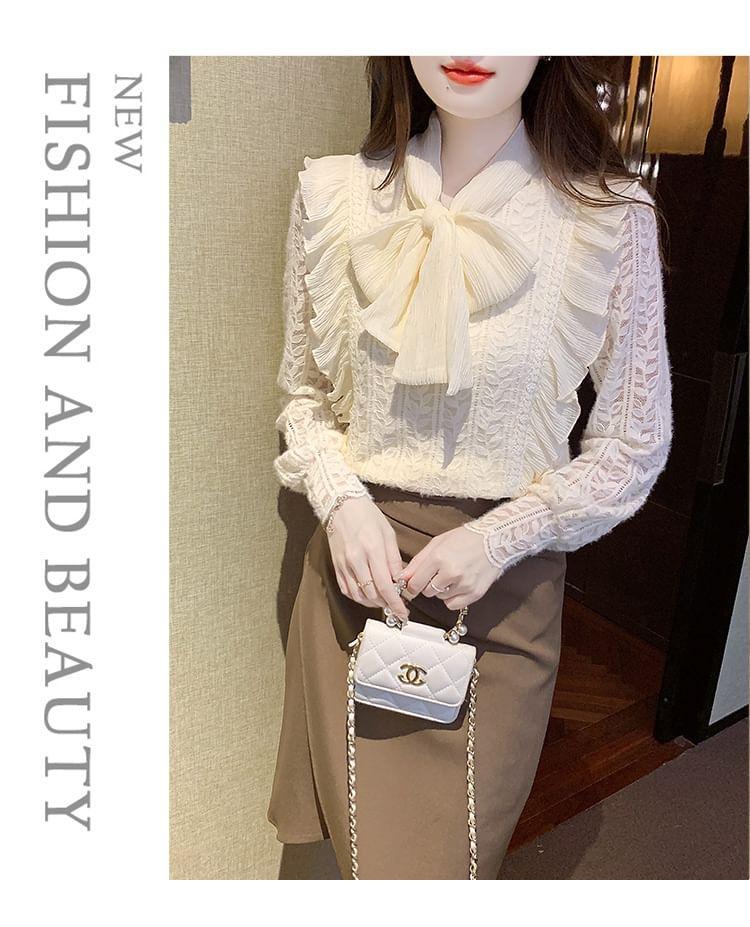 Long-Sleeve Tie-Neck Plain Lace Blouse Product Image