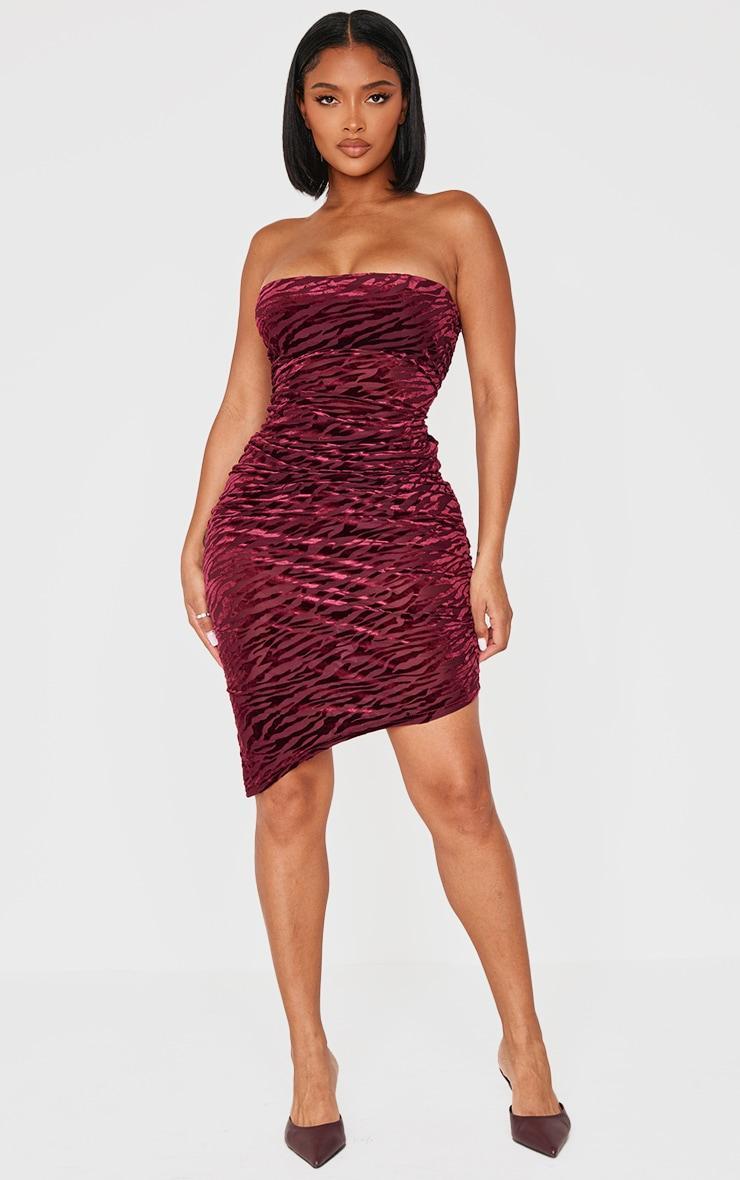 Shape Burgundy Zebra Devore Bandeau Ruched Side Mini Dress Product Image