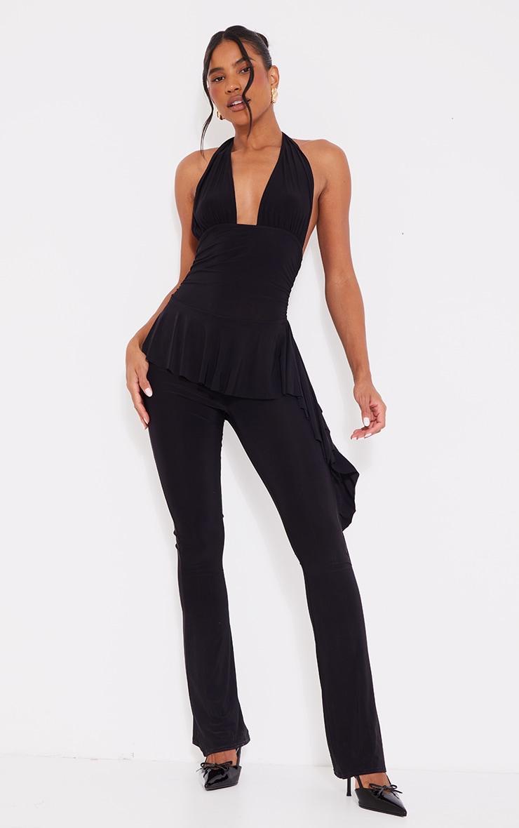 Black Slinky Plunge Frill Drape Jumpsuit Product Image