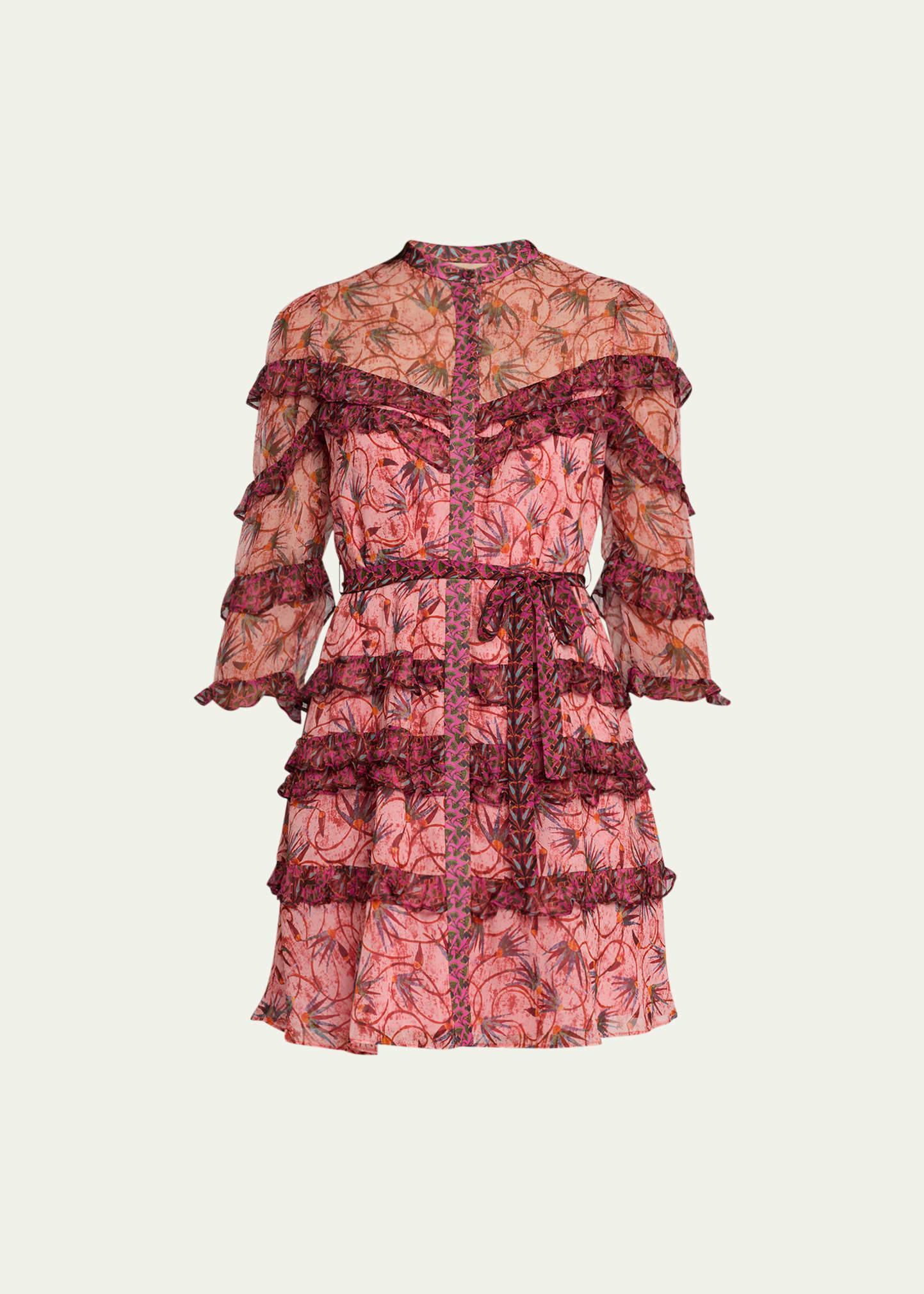 Tasha Tiered Ruffle Silk Button-Front Mini Dress Product Image