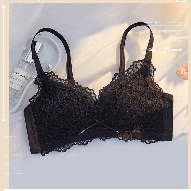 Plain Bow Lace Trim Wireless Bra / Panty / Set Product Image