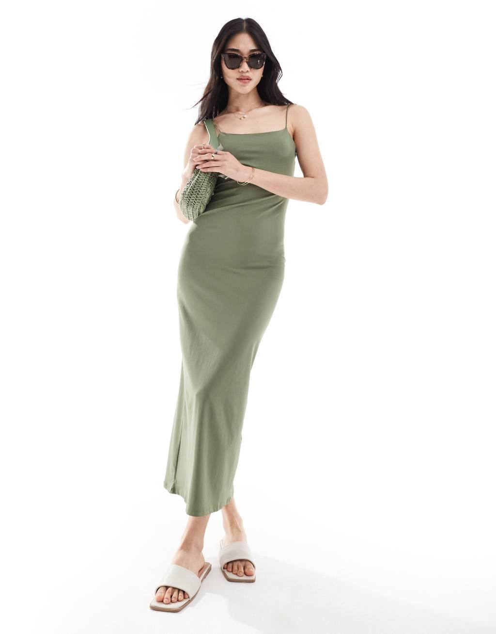 Pull&Bear polyamide sculpt strappy maxi dress in sage green Product Image