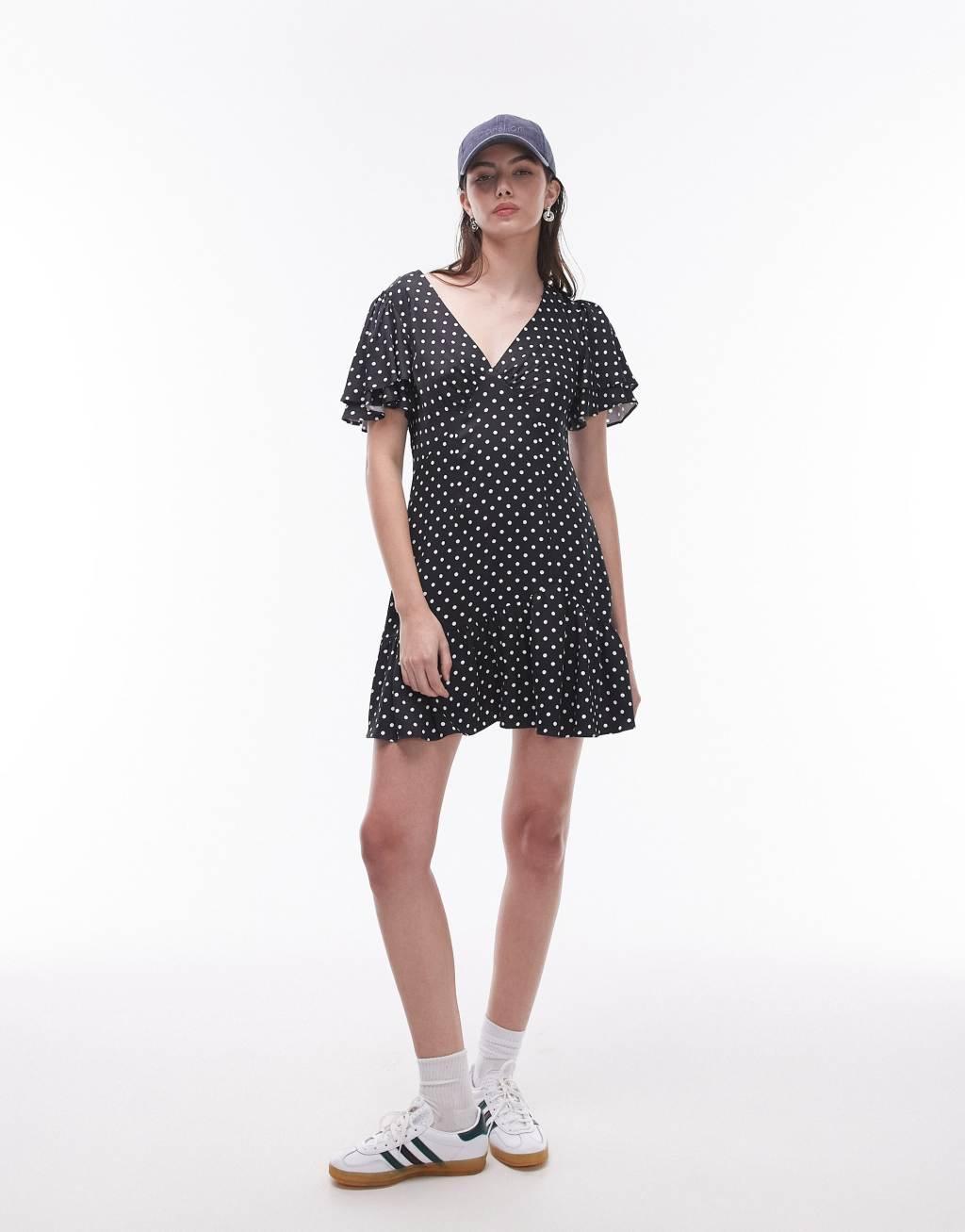 Topshop Bella mini tea dress with flutter sleeve in black and white spot print product image