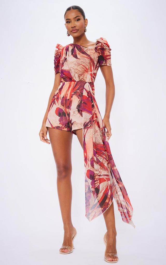  Red Floral Asymmetric Neck Drape Detail Romper Product Image