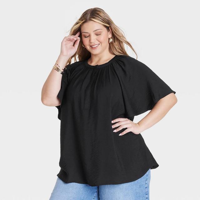 Womens Flutter Elbow Sleeve Blouse - Ava & Viv Black XXL Product Image