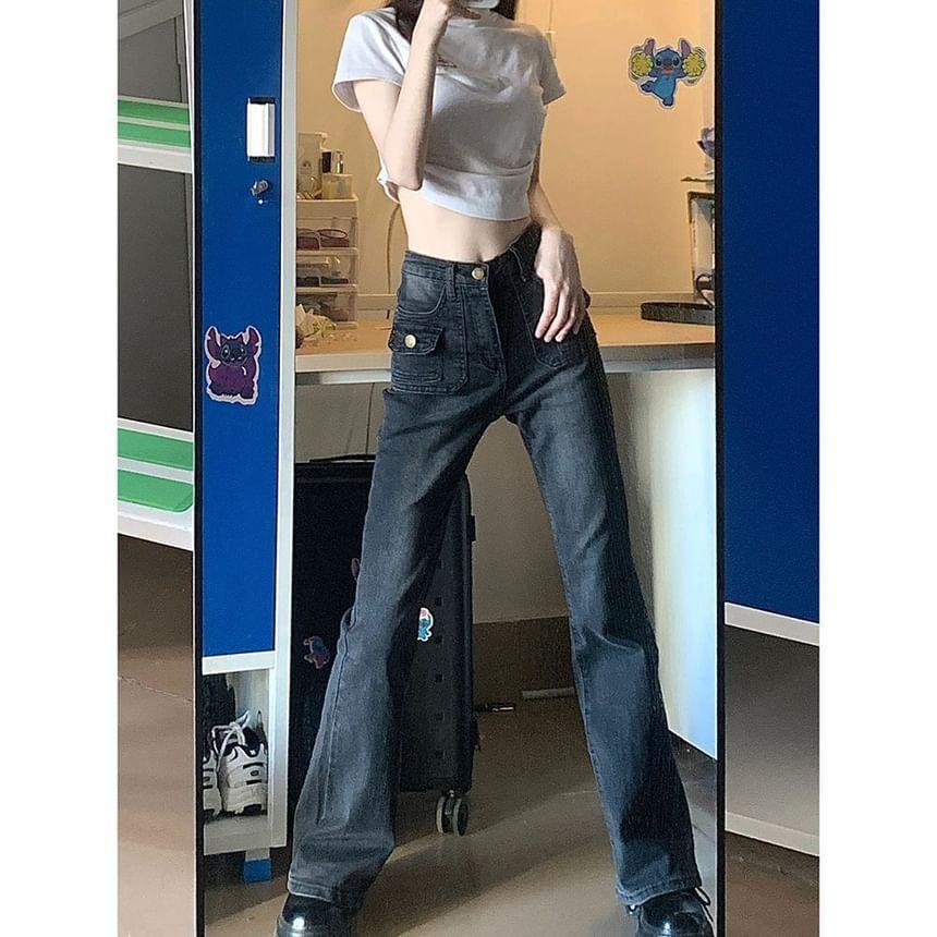 High Waist Washed Flared Jeans Product Image