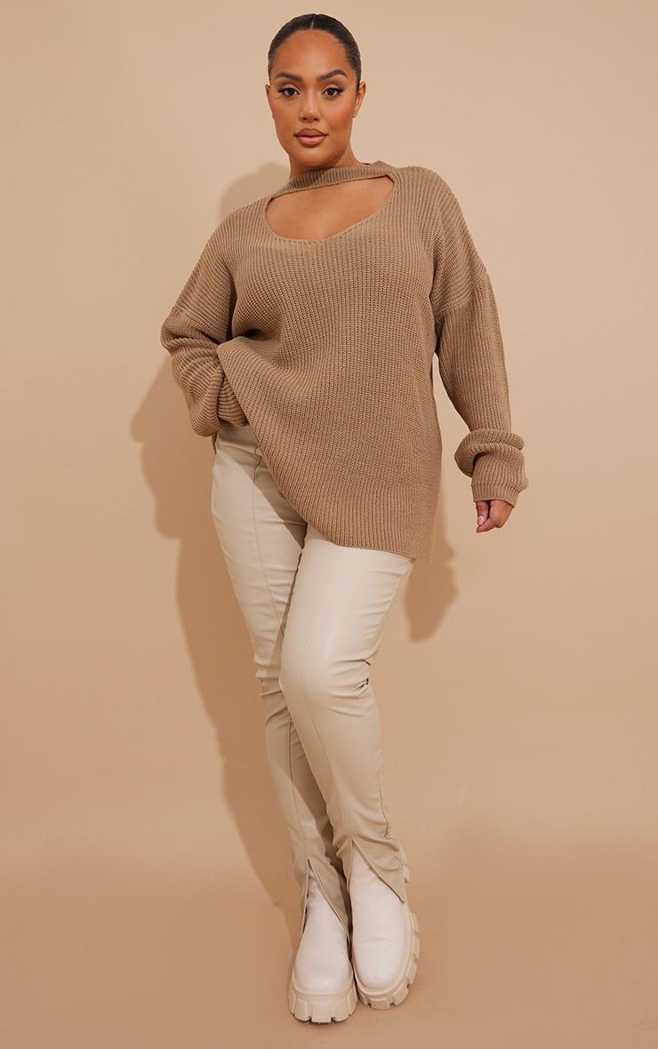 Plus Taupe Knitted V Neck Cut Out Sweater product image