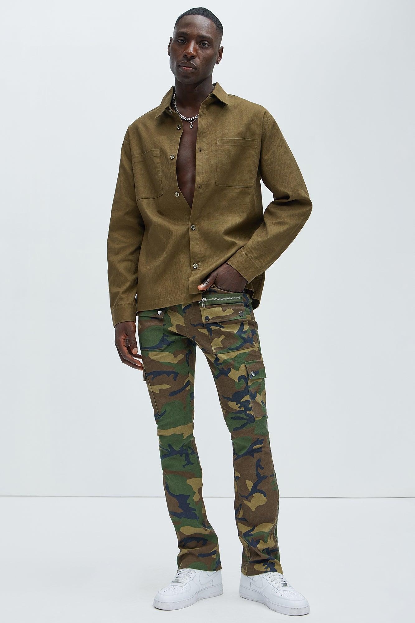 On The Verge Waxed Cargo Zipper Flare Pants - Camouflage Product Image