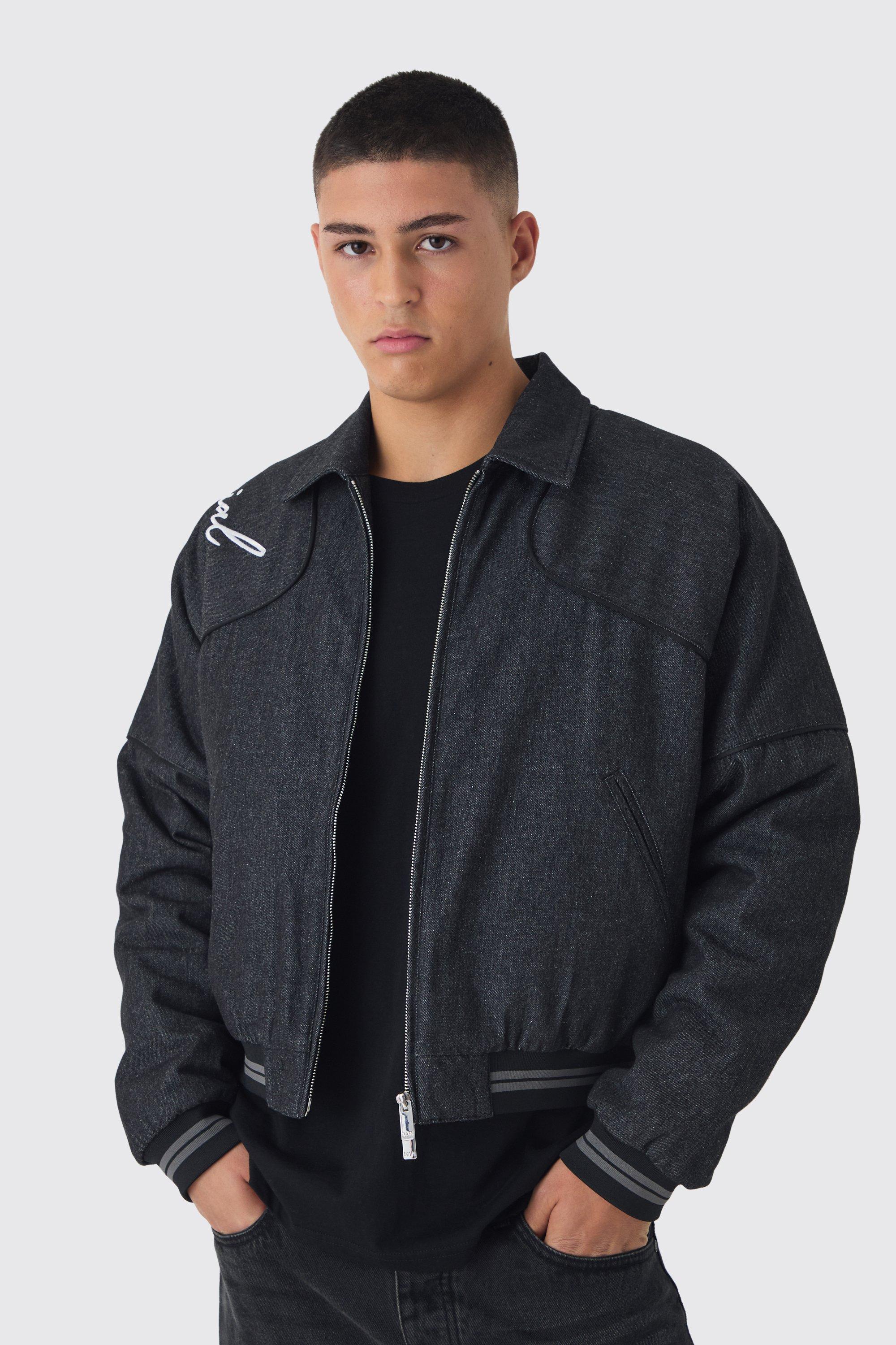 Boxy Denim Embroidered Varsity Bomber Jacket | boohooMAN USA Product Image