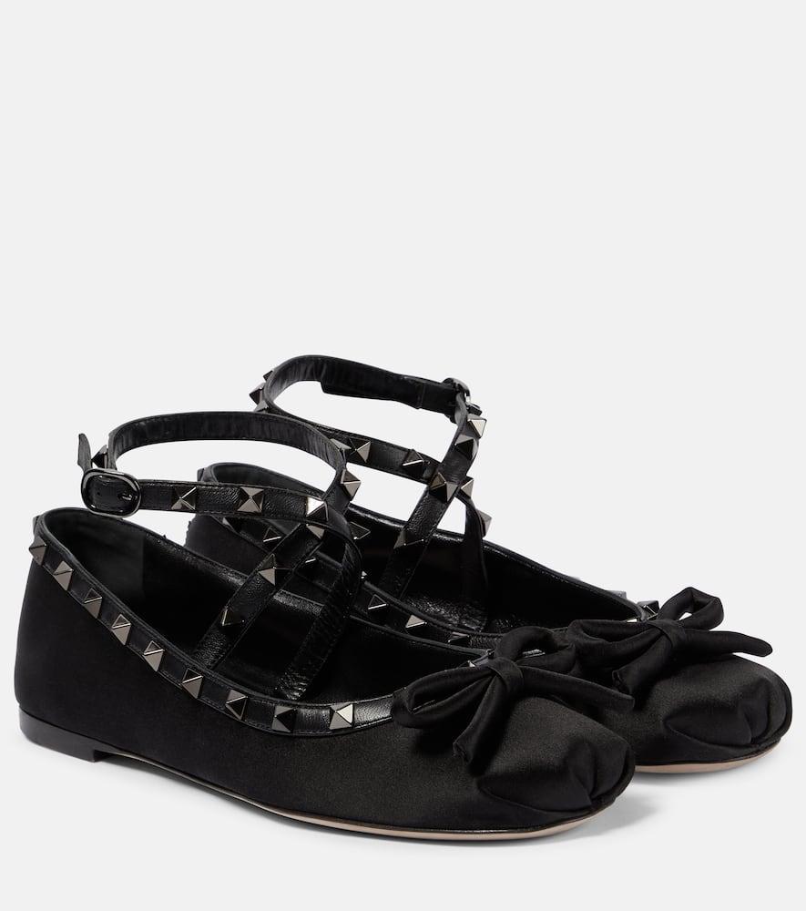 Rockstud Satin Ballerina Flats In Black Product Image