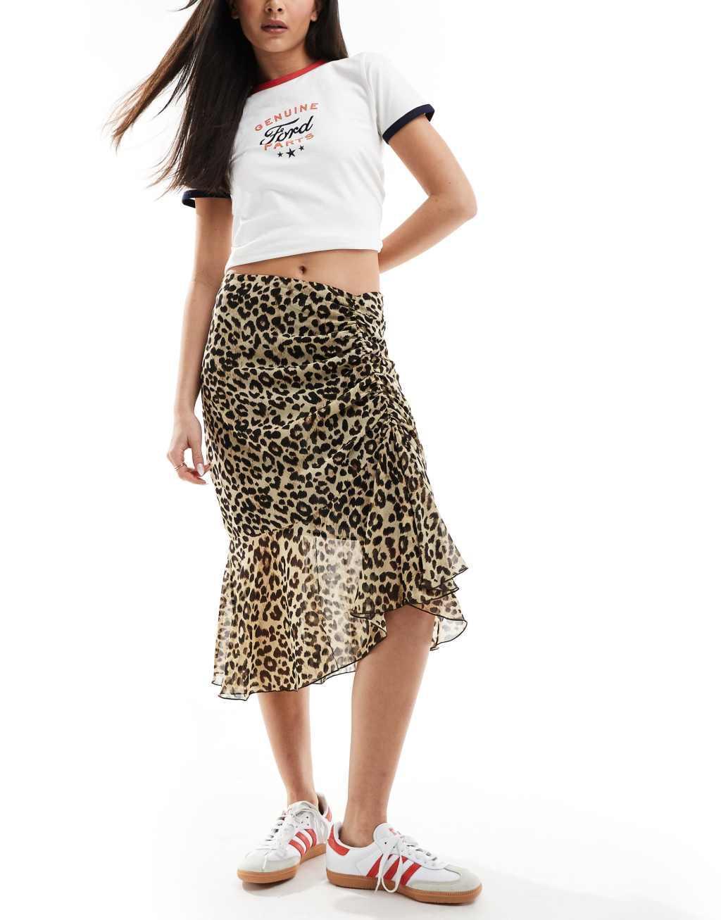 Mango leopard print midi skirt with asymmetric hem in brown product image