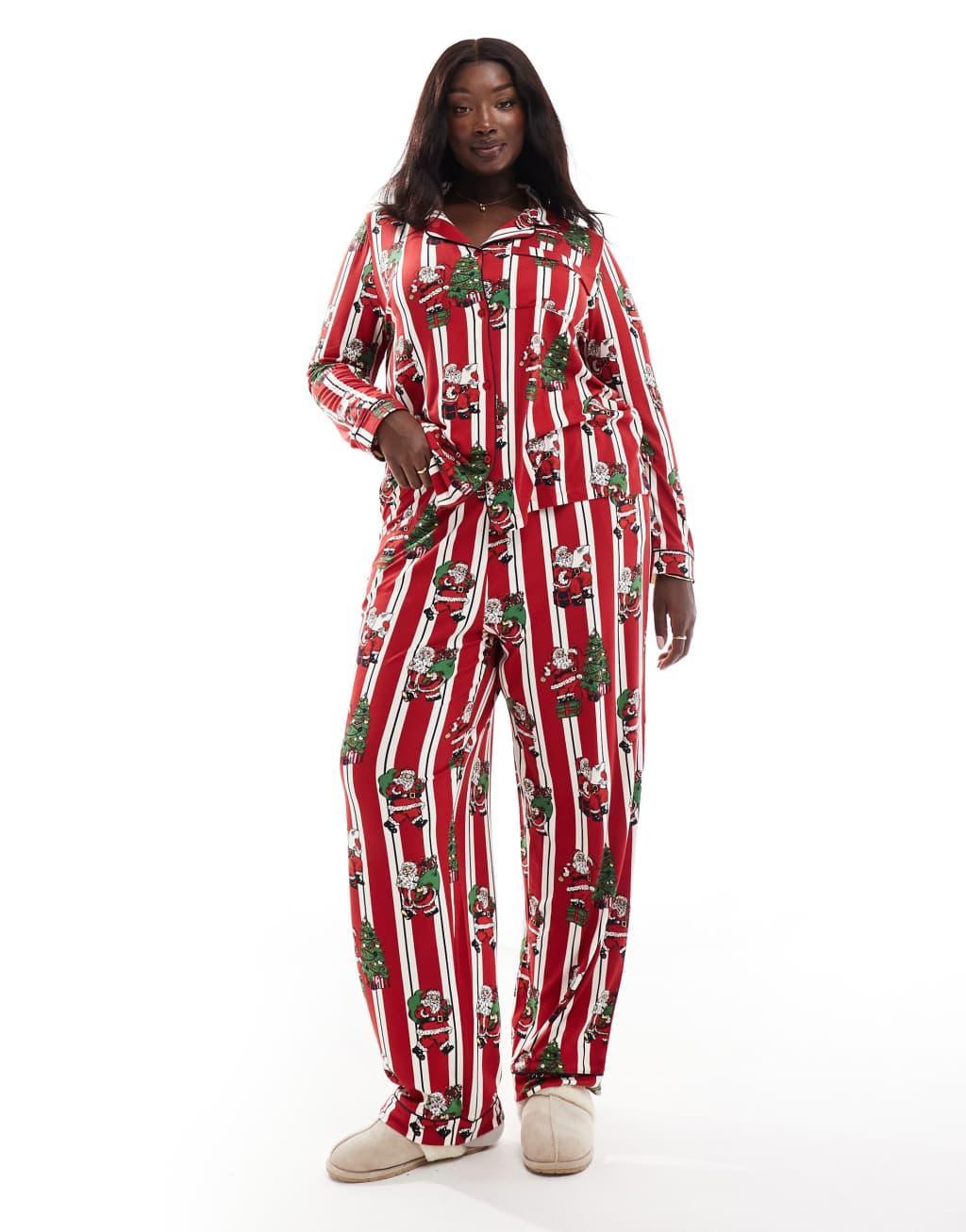 Chelsea Peers Curve poly Christmas His & Hers long sleeve revere top and pants pajama set in vintage santa stripe print Product Image