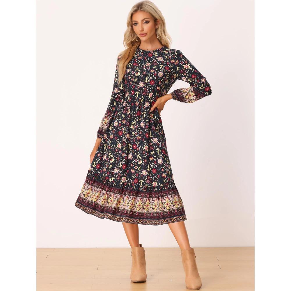 Allegra K Women's Boho Floral Long Sleeves Midi Dress Black Medium Product Image