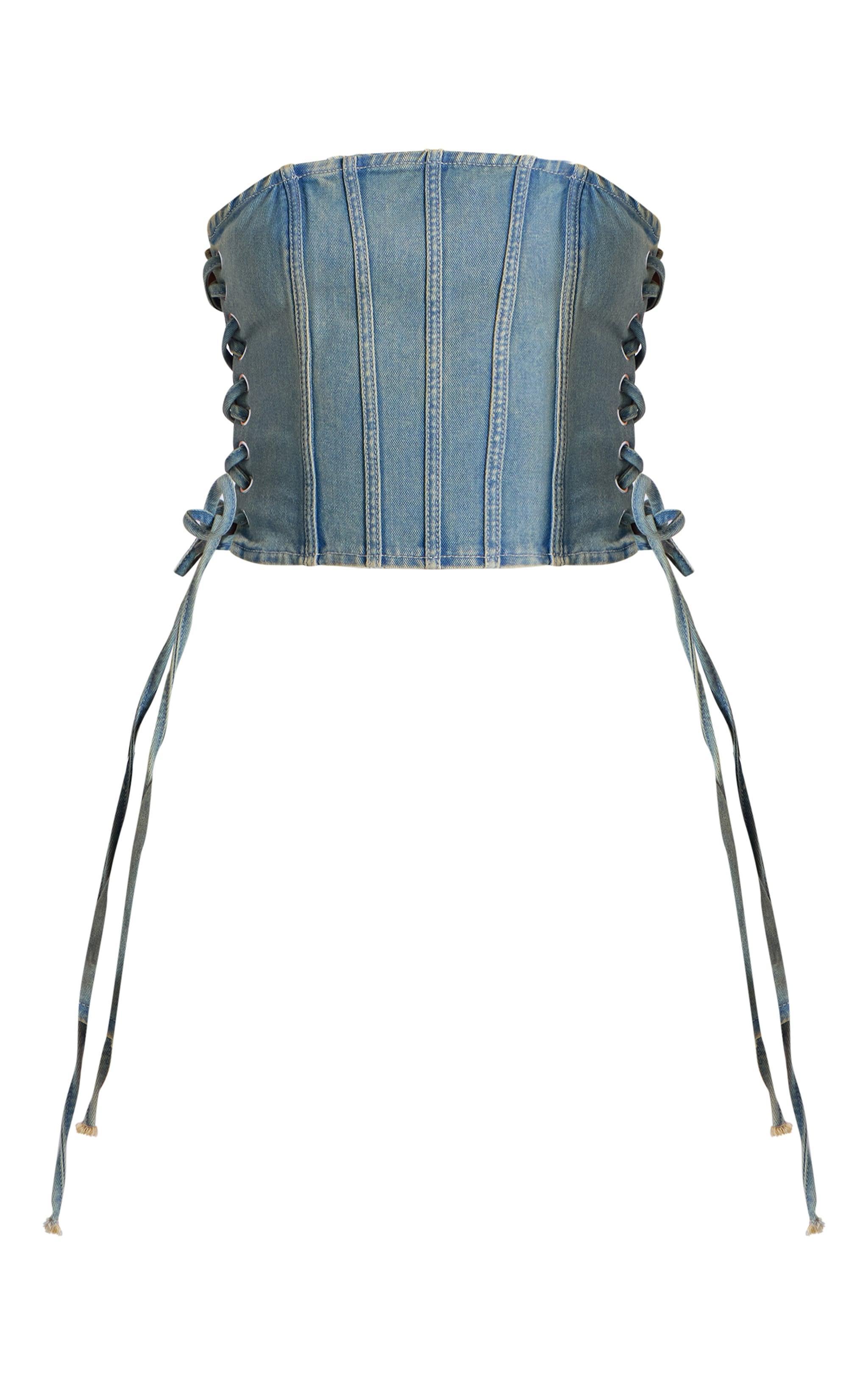 Vintage Wash Seam Detail Side Lace Up Denim Corset Top Product Image