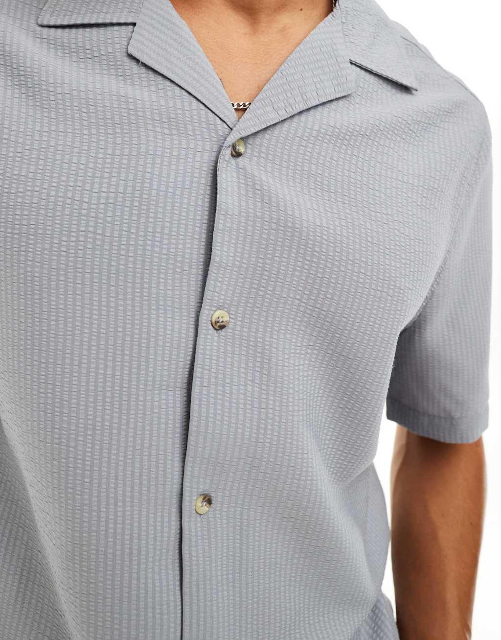 ASOS DESIGN short sleeve relaxed fit camp collar textured shirt in dusty blue Product Image