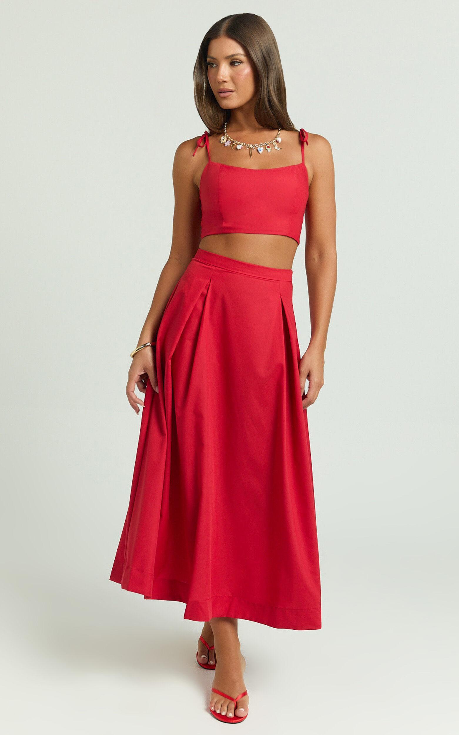 Rosalee Two Piece Set - Strappy Crop Top and High Waisted A Line Midi Skirt Set in Red Product Image