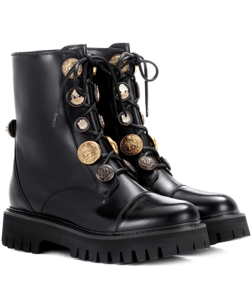 DOLCE & GABBANA Embellished Glossed-leather Ankle Boots In Black product image