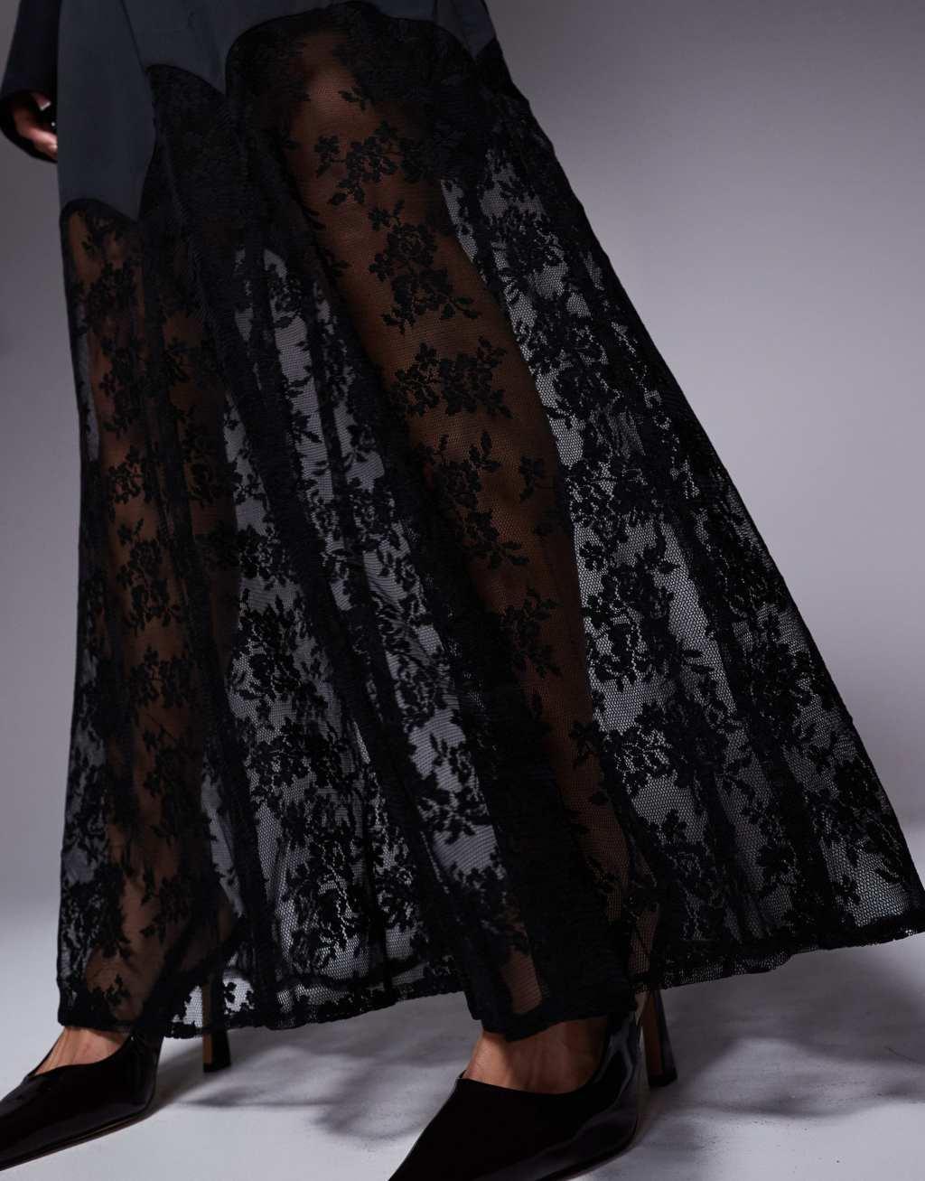 River Island satin skirt with lace hem in black Product Image