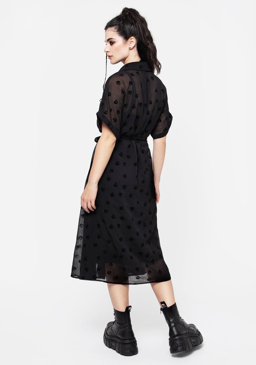 Bones Flocked Pintuck Chiffon Midi Shirt Dress Product Image