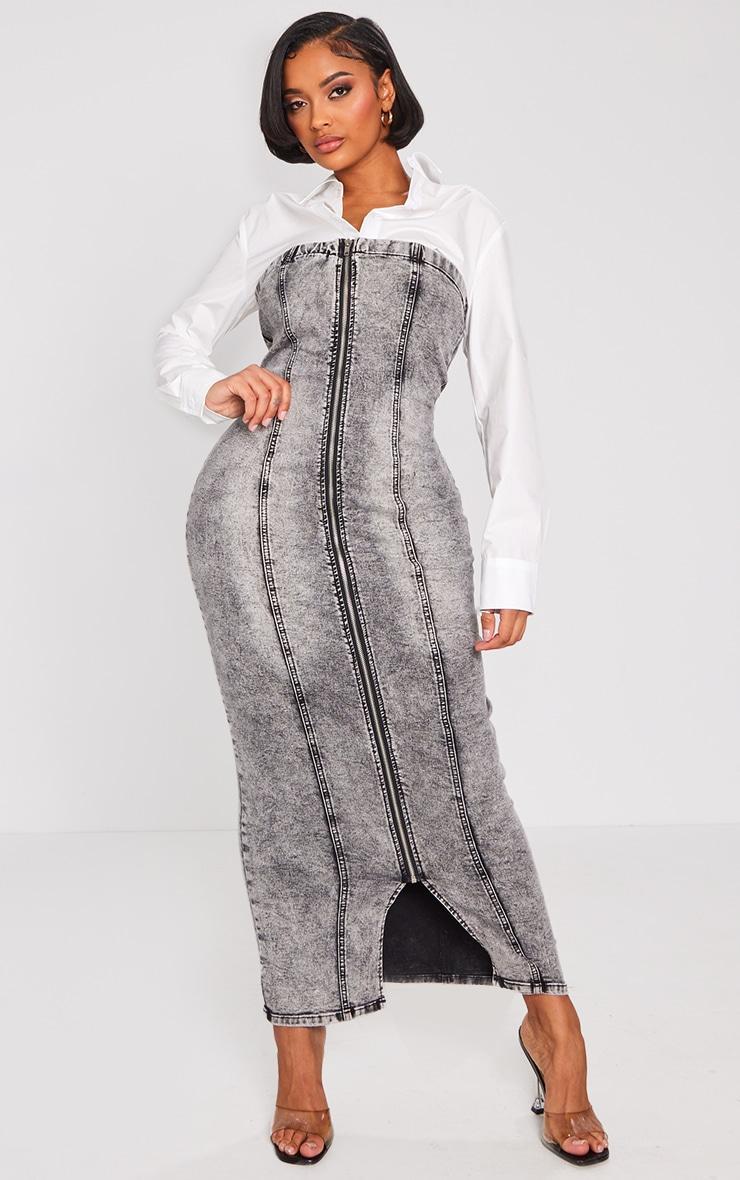 Shape Washed Grey Denim Zip Through Maxi Dress Product Image